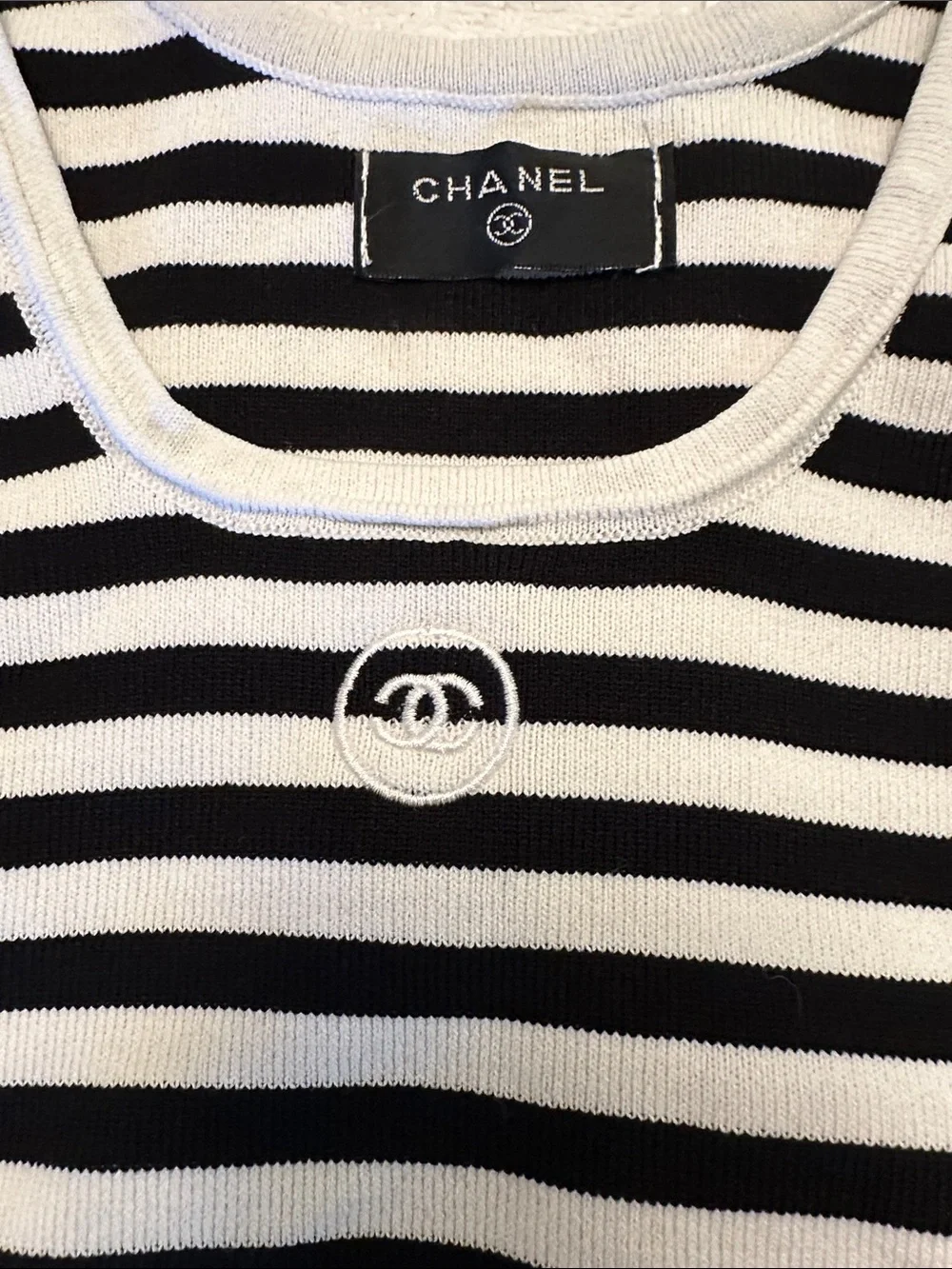 CHANEL Black and White Striped Cropped Knit Tank with Logo Hem